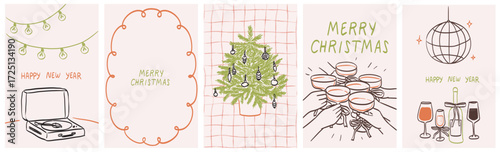 Retro vintage new year banners in doodle line art style. Cute posters or placards print set with people celebrating christmas. Greeting cards on pink background ready for xmas party invitations.