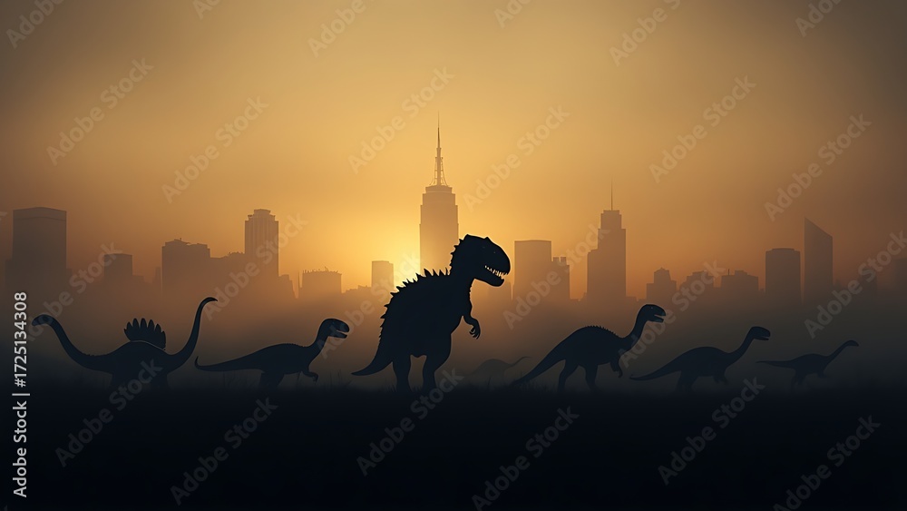Obraz premium Dinosaur silhouettes fading into mist against a city skyline, symbolizing ancient extinction.