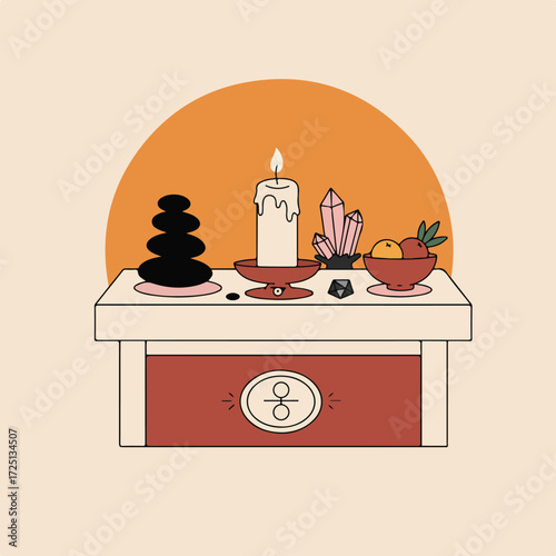 Illustrated altar with crystals, candle, stones, and fruit against an orange sun