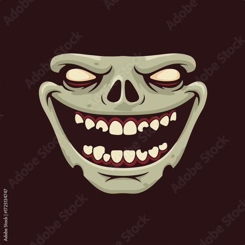 Grinning cartoon zombie face with pale skin and dark background