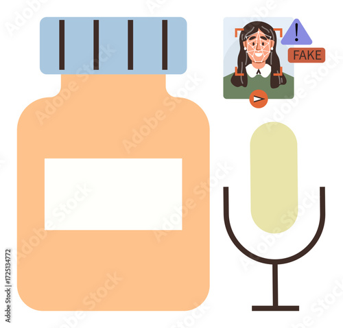 Medicine bottle, microphone, AI-generated face flagged as fake with warning sign. Ideal for media literacy, fake news, AI ethics, deepfake awareness, digital safety, technology impact simple flat