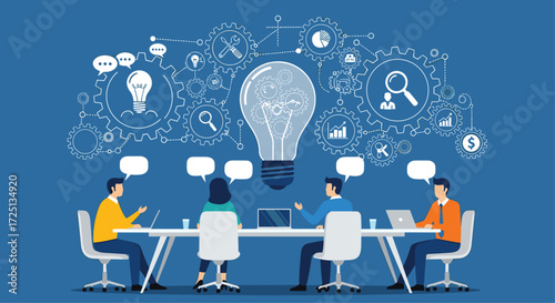 Creative team collaboration brainstorming new ideas with lightbulb symbolizing innovation vector