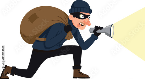 Cartoon burglar character, sneaky thief mascot, crouching robber illustration, masked man with 