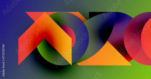 Abstract colorful shapes overlap, creating dynamic visual effect. Gradient background enhances depth, modern design.