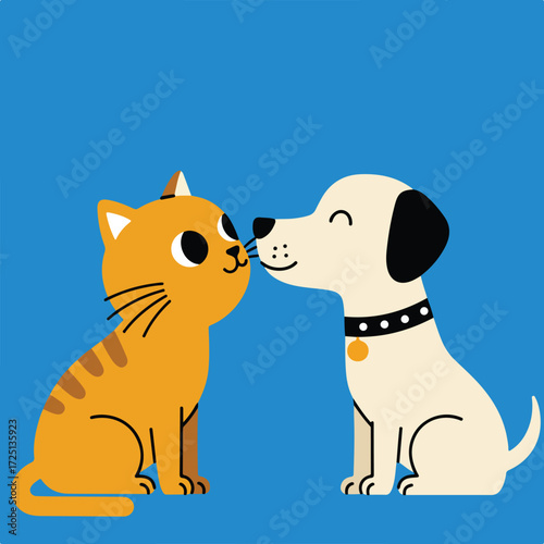 Cartoon cat and dog touching noses on a blue background