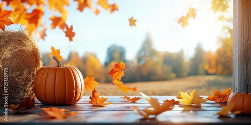 Autumn scene with pumpkin and hay bale in vibrant foliage