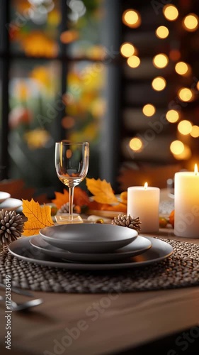 Cozy autumn table setting with candles and seasonal decor