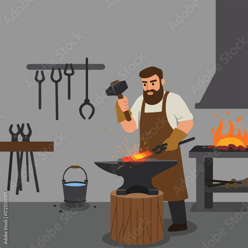 Smithy Blacksmith forges hot metal on anvil, sparks fly, tools visible in workshop