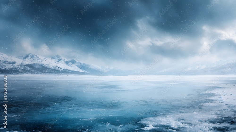 Fototapeta premium A vast frozen lake stretches towards snow capped mountains under a dramatic winter sky with falling snow