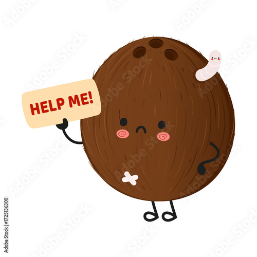 Sad coconut character holding a help me sign