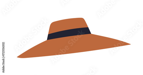 Wide-brim summer hat. Elegant stylish sunhat with ribbon, band. Classic women headwear in modern design style. Fashion head accessory, clothing. Flat vector illustration isolated on white background.