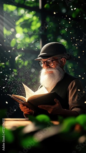 Elderly man reading in a sunlit forest with magical ambiance
