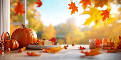 Autumn harvest table setting with pumpkins and seasonal decor
