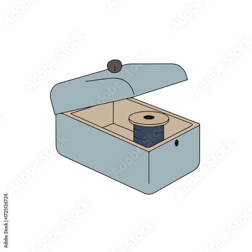 Open light blue box with knob, holding a dark blue thread spool inside