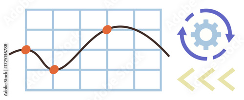 Line chart with plotted points, gears showing system dynamics, and arrows for process flow. Ideal for analytics, development, strategy, optimization, planning data flow teamwork. Simple flat