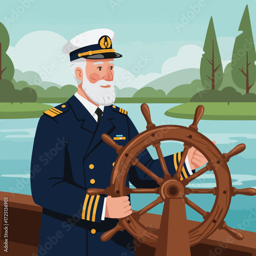 Ship captain at helm, nautical theme, lake background