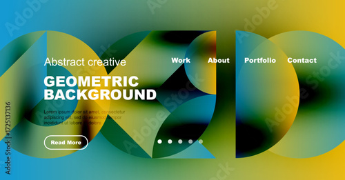 Colorful abstract design. Geometric shapes overlap, creating vibrant gradients. Website header includes navigation options, text, button.