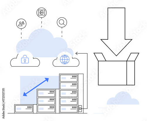 Cloud network with secure storage, servers scaling vertically, data icons, and an arrow pointing to a box. Ideal for cloud computing, data transfer, hosting, scalability, security backup digital