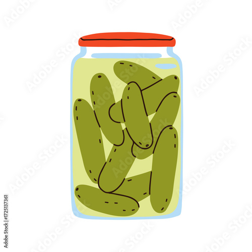 Pickle cucumbers in salty brine, closed glass jar with lid. Salted fermented vegetable snack, conserved preserved food produce for pantry storage. Flat vector illustration isolated on white background