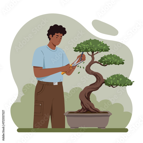 Person trims a bonsai tree