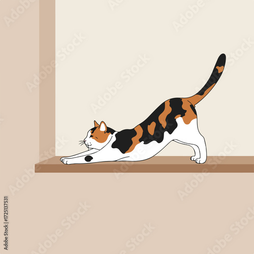Calico cat stretches forward on a shelf, tail raised in a minimalist illustration