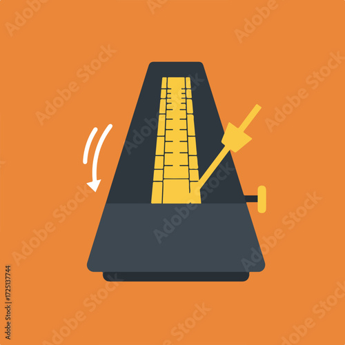 Oscillating metronome with a downward arrow on an orange background