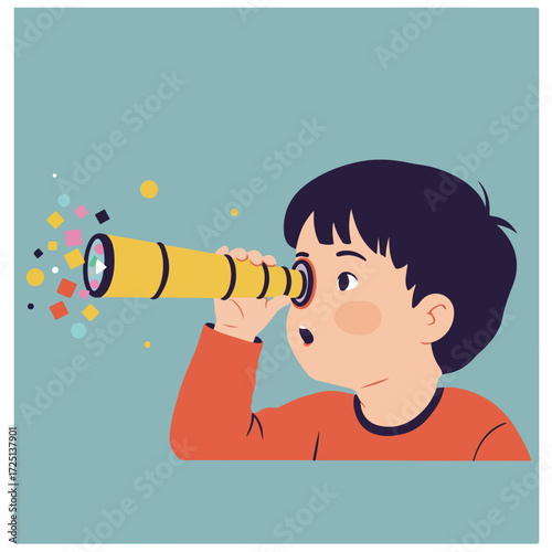 Boy peers through golden spyglass at colorful shapes, eyes wide with wonder