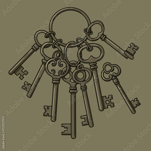 Cartoon drawing of antique metal keys on a ring, over a solid background