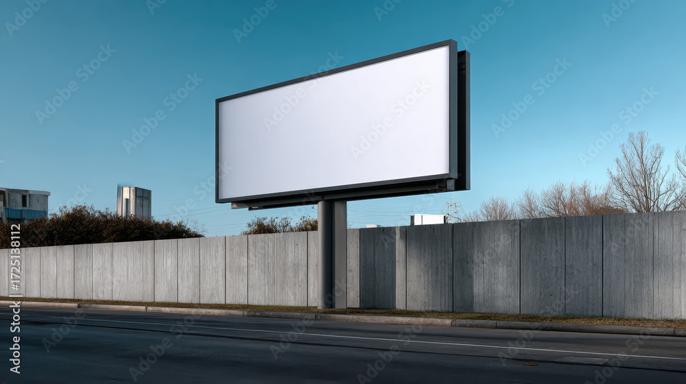 Obraz premium Large blank billboard on roadside with clear blue sky and concrete wall background, creating calm and open urban scene