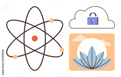 Atomic structure with orbiting electrons, locked cloud icon, and lotus flower symbolizing balance. Ideal for science, technology, mindfulness, data safety, learning, innovation wellness simple flat