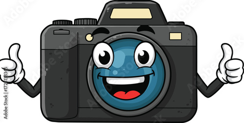 Cartoon camera character, smiling camera mascot