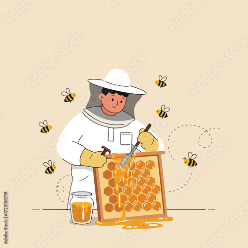 Beekeeper extracting honey from a honeycomb with bees flying around
