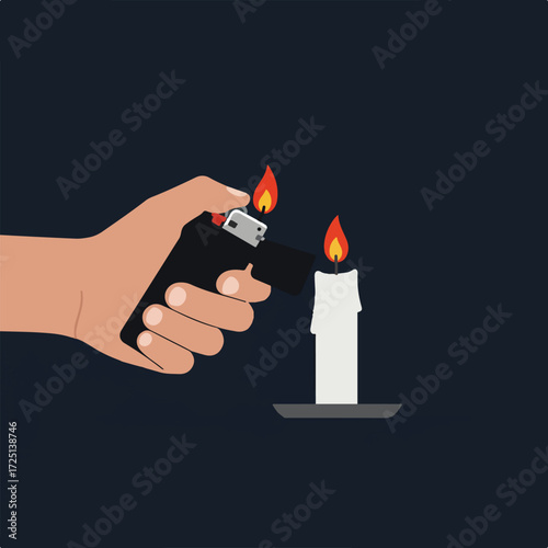 Hand lighting a candle with a lighter against a dark blue background