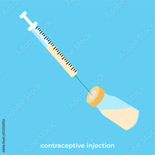 Syringe drawing liquid from a small vial, used as hormonal injectable contraceptive, flat art design style.
