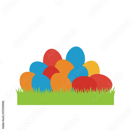 Easter eggs lie hidden in vibrant green grass in a flat, graphic style