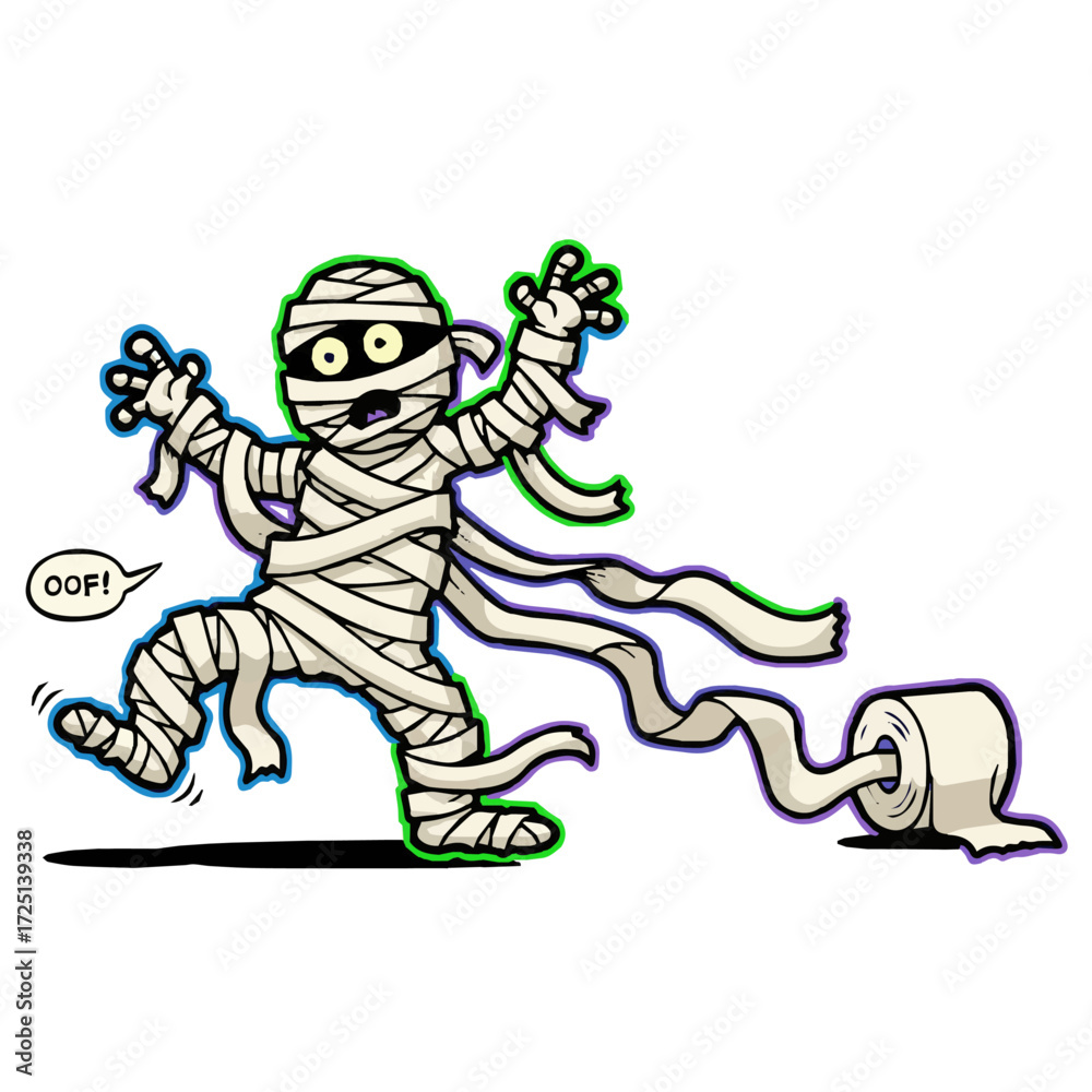 Fototapeta premium Comic Monster Unraveling Vector Art, Oops! Spooky Humor Graphic, Expressive Mummy with Unwinding Wraps, Halloween promotions, greeting cards, and any project needing a fun and spooky element.