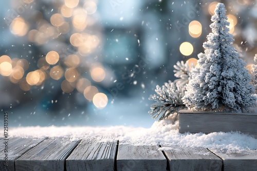 A serene winter scene featuring a small snow covered christmas tree display