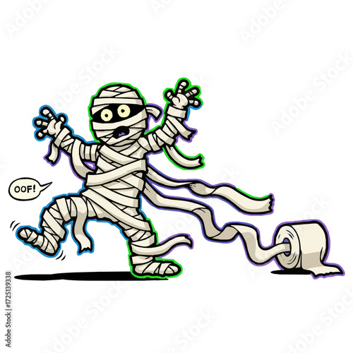 Comic Monster Unraveling Vector Art, Oops! Spooky Humor Graphic, Expressive Mummy with Unwinding Wraps,  Halloween promotions, greeting cards, and any project needing a fun and spooky element.