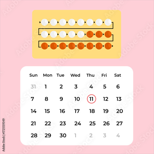 Calendar with birth control pills showing daily usage schedule for contraception, flat art design style.
