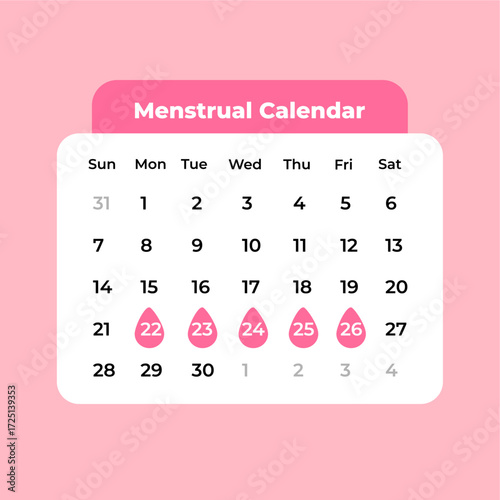 Monthly menstrual calendar with drop icons to track period days and manage cycles, flat art design style.

