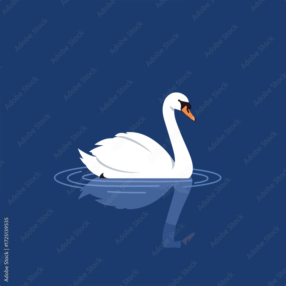 Fototapeta premium Minimalist swan on dark blue water with reflection in flat vector style