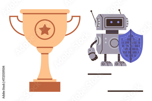Robot holding shield with binary code next to trophy showcasing teamwork, protection, and success. Ideal for technology, innovation, cybersecurity, rewards, AI safety and achievement themes. Simple