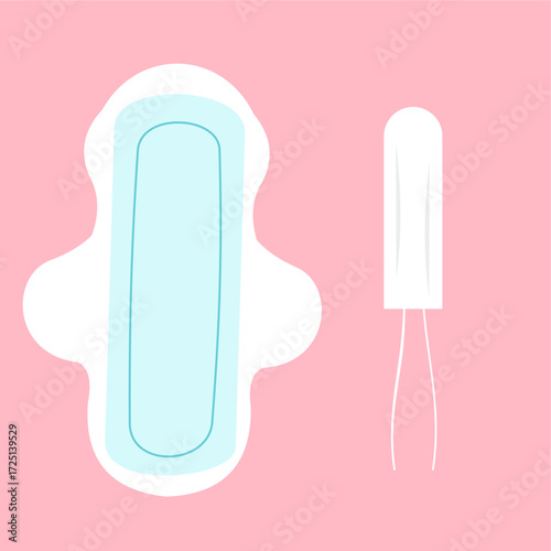 Tampon and sanitary pad, essential menstrual hygiene products for women, flat art design style.
