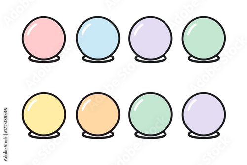 Colorful crystal balls lined up in a neat array showing a rainbow of pastel hues unique in design and texture