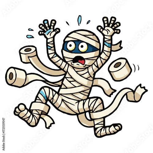 Funny Mummy Cartoon Character, Clumsy Mummy with Toilet Paper Graphic, Surprised Halloween Character Illustration, any project needing a fun and spooky element with a touch of humor.