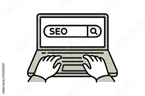SEO search process being conducted on a laptop with hands actively typing in a digital environment