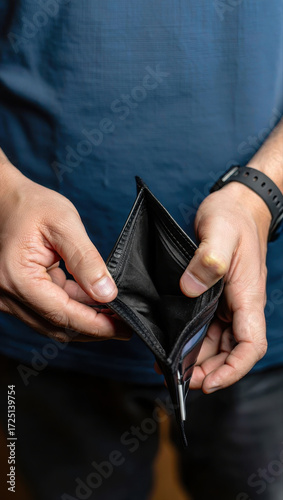 Man holding an empty wallet, symbolizing financial hardship, debt, or lack of money, with focus on the empty interior of the wallet