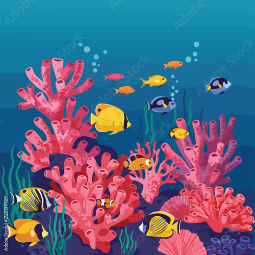 A coral reef scene teeming with colorful fish and vibrant pink coral formations