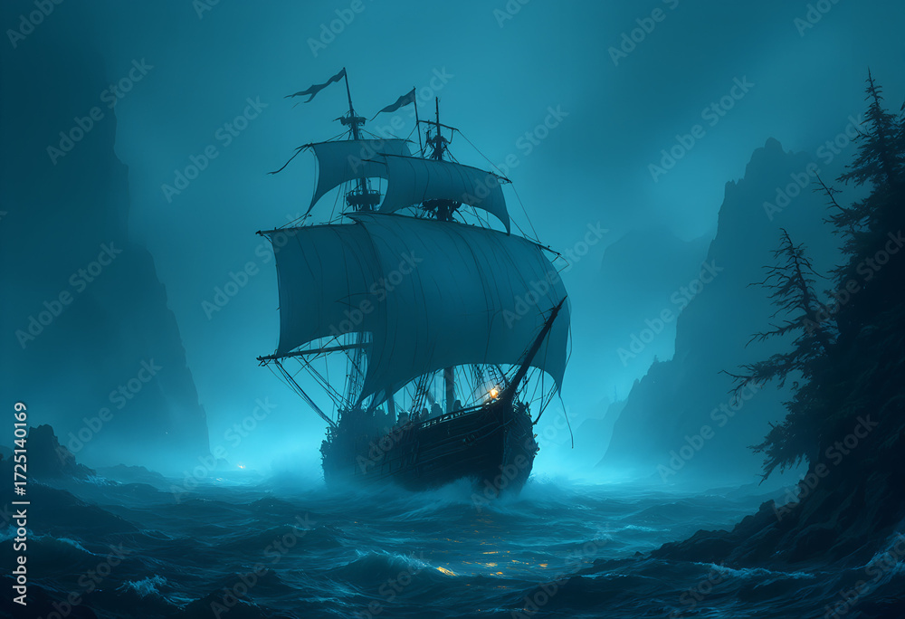 Obraz premium ghost ship sailing through dark mysterious waters