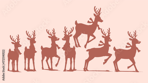 A charming group of reindeer arranged in a festive display with red scarves depicted in a silhouette style against a soft pink background